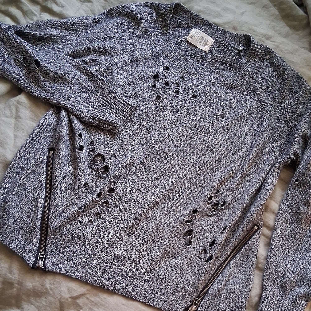 Distressed Gray Crewneck Sweater with Zipper Details